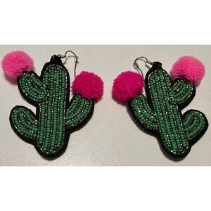 Cactus Beaded Statement Dangle Drop Earrings Pom Pom  Felt Mexican